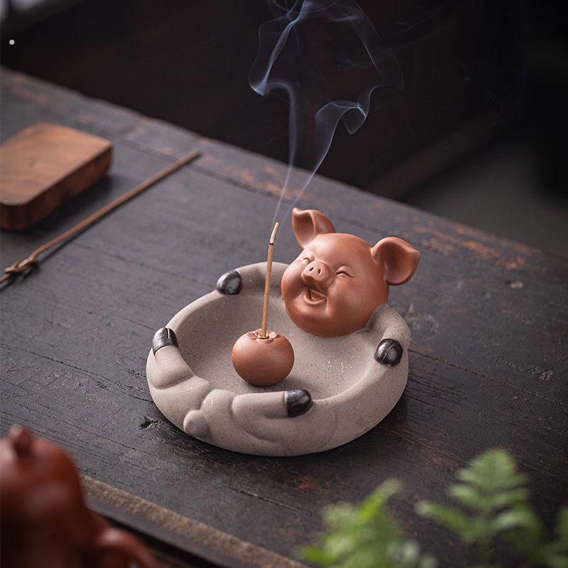 诸事大吉紫砂可爱小猪线香插趣味茶室雅玩创意香道点香器茶宠摆件