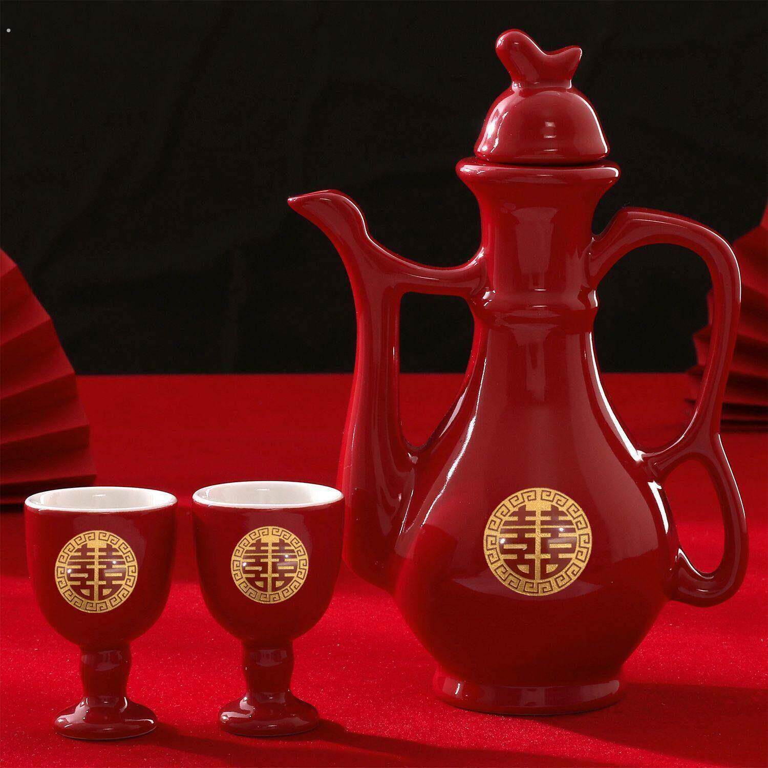 结婚敬酒杯婚宴陶瓷酒壶中式婚礼交杯分酒器喜庆套装中国红酒具