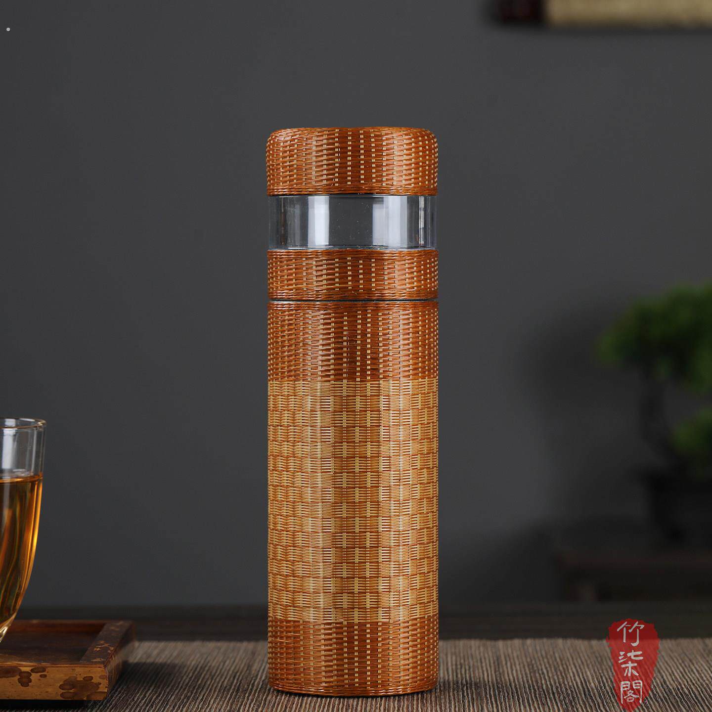 竹编纯钛保温杯茶杯茶水分离复古焖茶杯带茶隔旋盖泡茶商务送礼