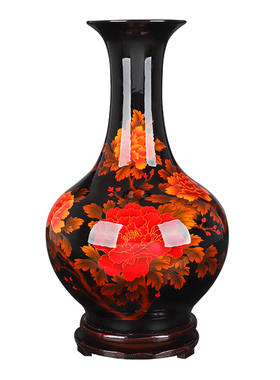 景德镇陶瓷器花瓶摆件黑色插花中式家居客厅装饰品工艺品瓷瓶摆设