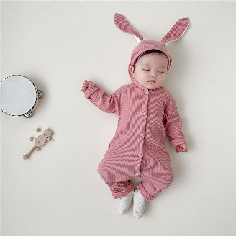 婴儿衣服女童长袖连体衣长裤爬服春秋男童百日兔子连帽外出连身衣
