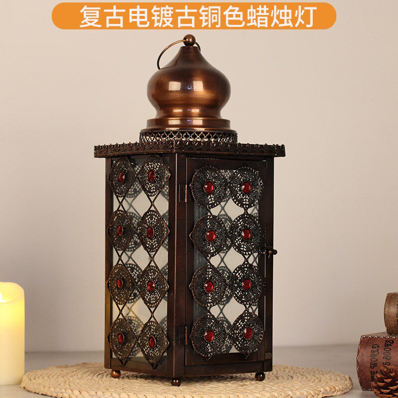 烛台复古提灯电镀古铜色防风蜡烛灯铁艺氛围灯防风罩怀旧摆件风灯