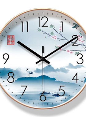 易普拉6267国风山水挂钟客厅钟表时尚新中式时钟静音扫秒石英钟
