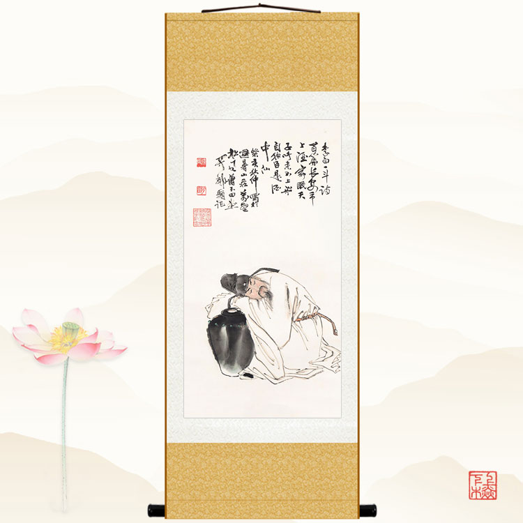 中式酒文化卷轴挂画李白醉酒图人物画像复古风格装饰字画可来图定
