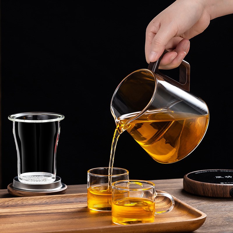 加厚玻璃泡茶壶茶水分离茶杯胡桃木把手带盖红茶耐用家用办公茶具