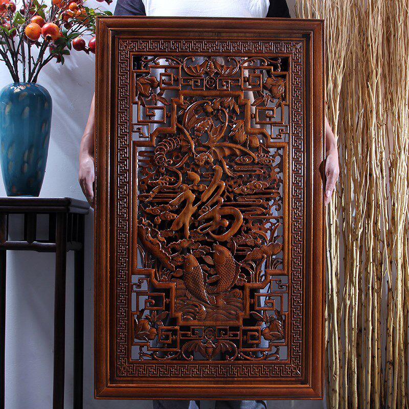 东阳木雕挂件香樟木头雕刻画工艺品中式客厅艺术室内装饰五福盈门