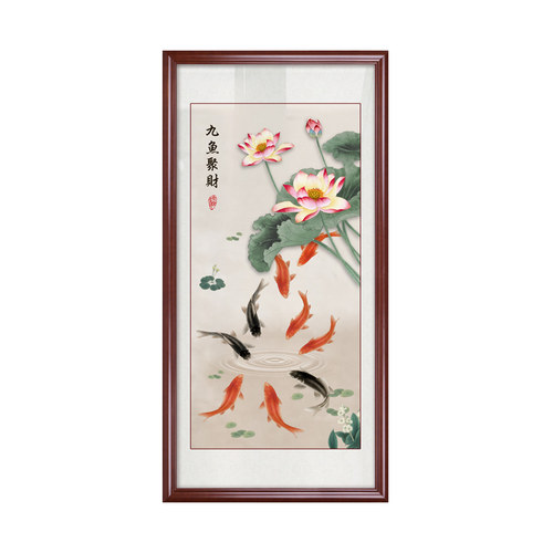 荷花九鱼图玄关装饰画新中式进门入户走廊过道壁画招财挂画九鲤图