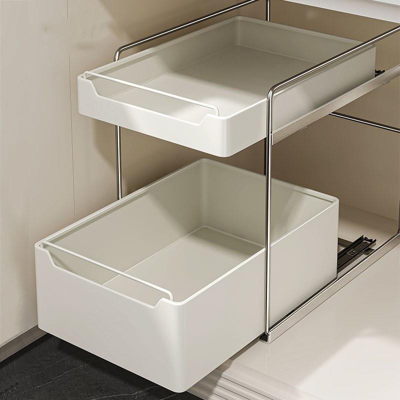不锈钢厨房置物架下水槽调料锅具分层抽拉橱柜拉篮收纳整理置物架