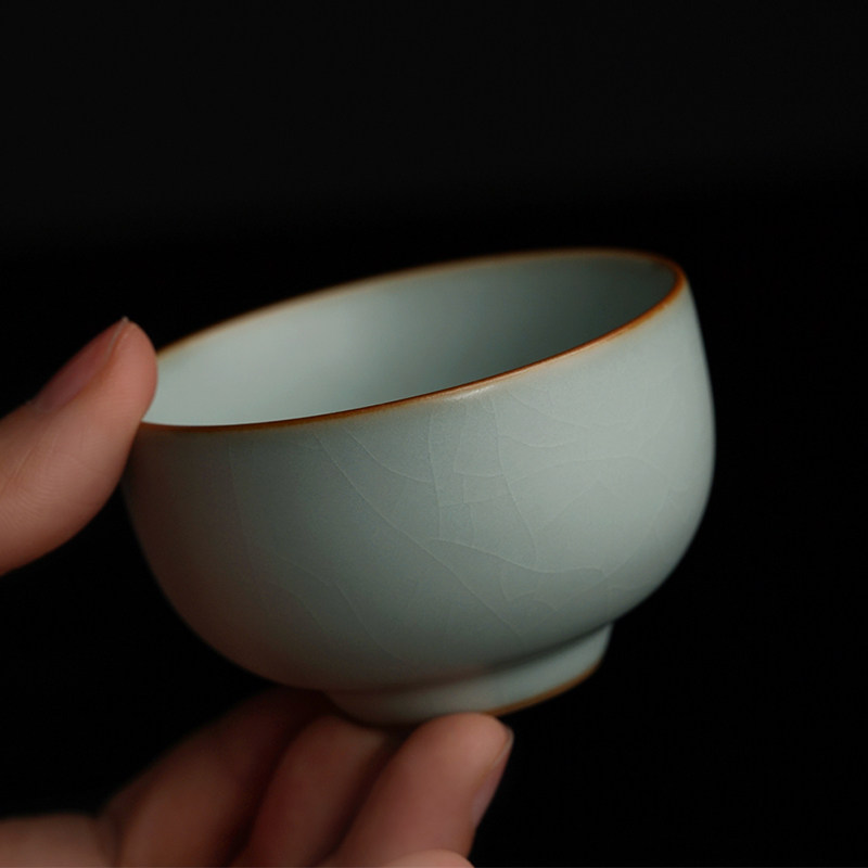 开片汝瓷功夫茶杯中式复古主人杯青瓷冰裂釉茶具