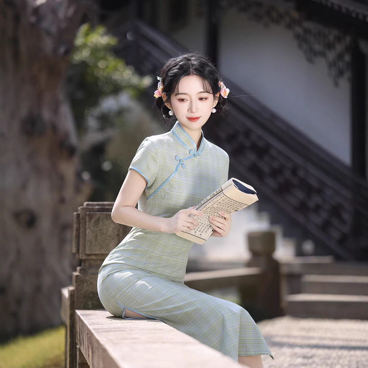 2026新款春夏旗袍格子印花少旗袍