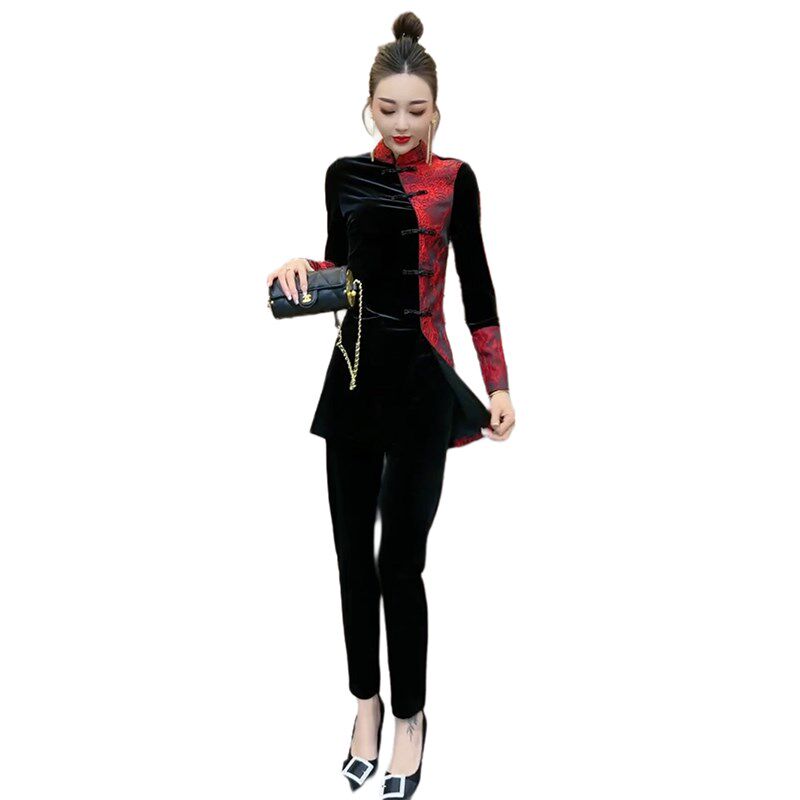 新年中式时尚套装女2025春季新款国风中长款旗袍上衣小脚裤两件套
