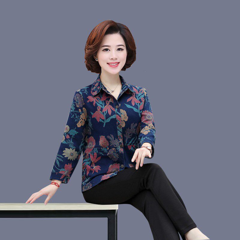 中老年女装牛仔外套春秋季加肥大码妈妈夹克厚衬衫上衣200斤翻领L
