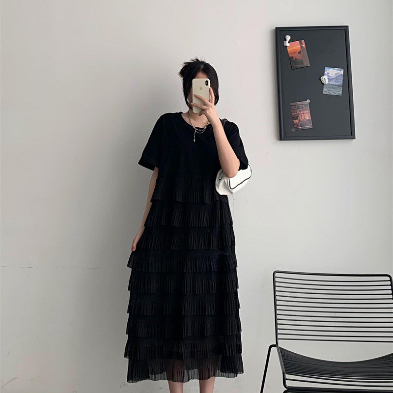 大码短袖连衣裙女2024夏季新款200斤胖妹妹洋气遮肚子蛋糕长裙潮