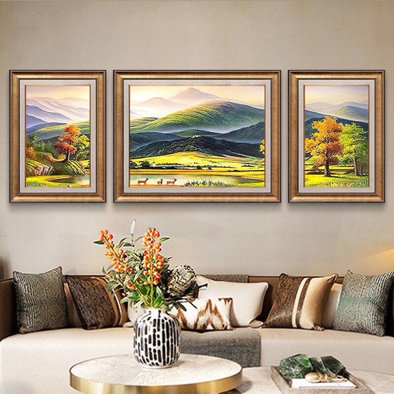 巨人山欧式客厅装饰画沙发背景墙挂画三联大气山水画美式壁画2021