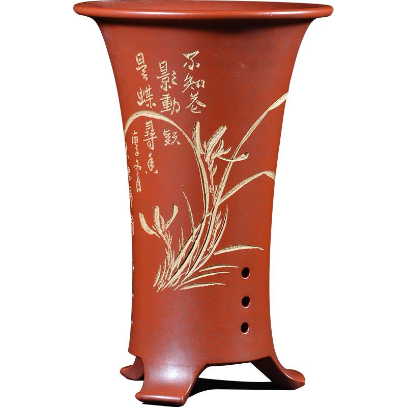 宜兴紫砂兰花花盆陶瓷大号家用复古高脚透气兰草透气兰专用花盆