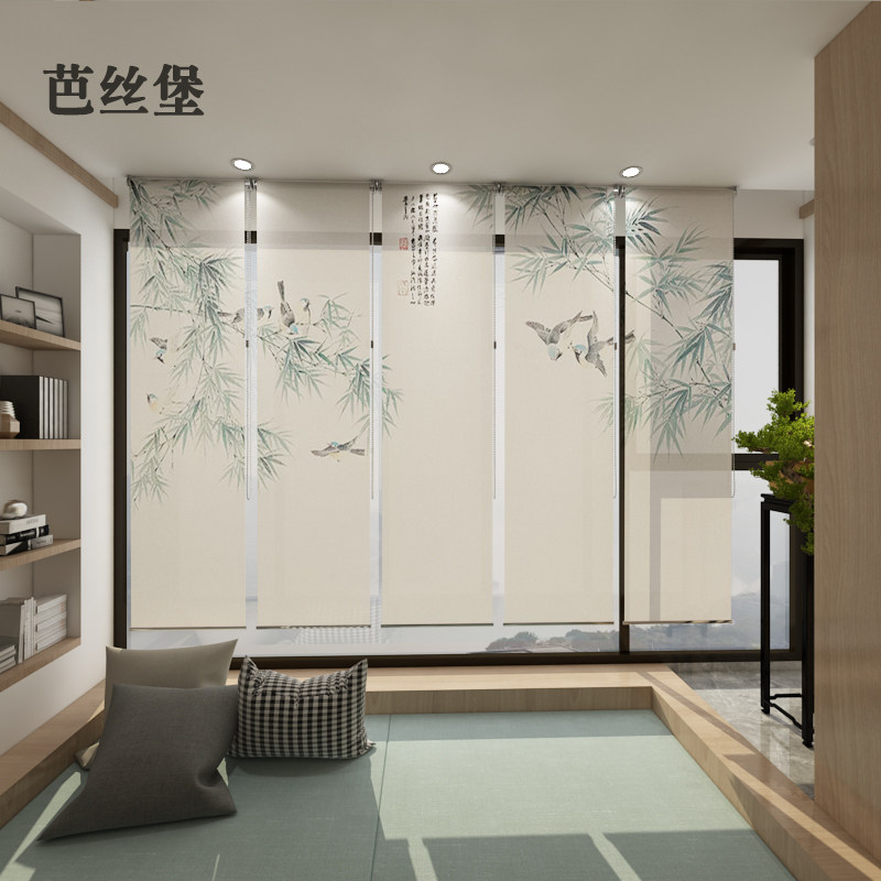 新中式窗帘遮光屏风卷帘手拉售楼处酒店装饰半透明挂式布艺软隔断