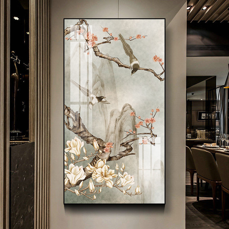新中式玄关背景墙装饰画花鸟植物过道走廊墙上挂画办公室装饰壁画