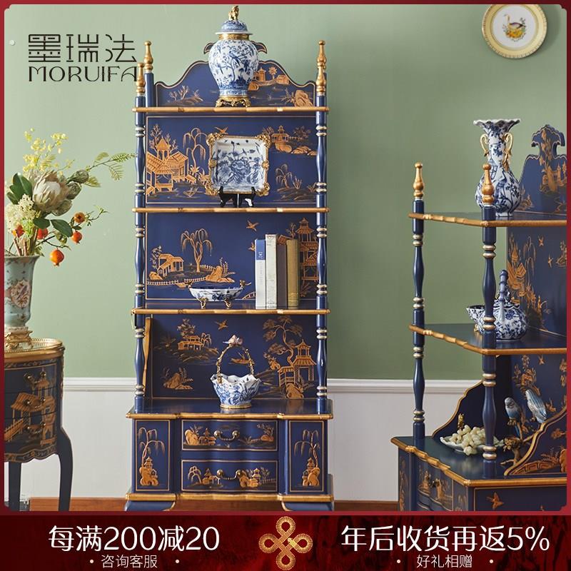 法式中国风书架实木手绘展示柜复古置物层架古典奢华陈列架子蓝色