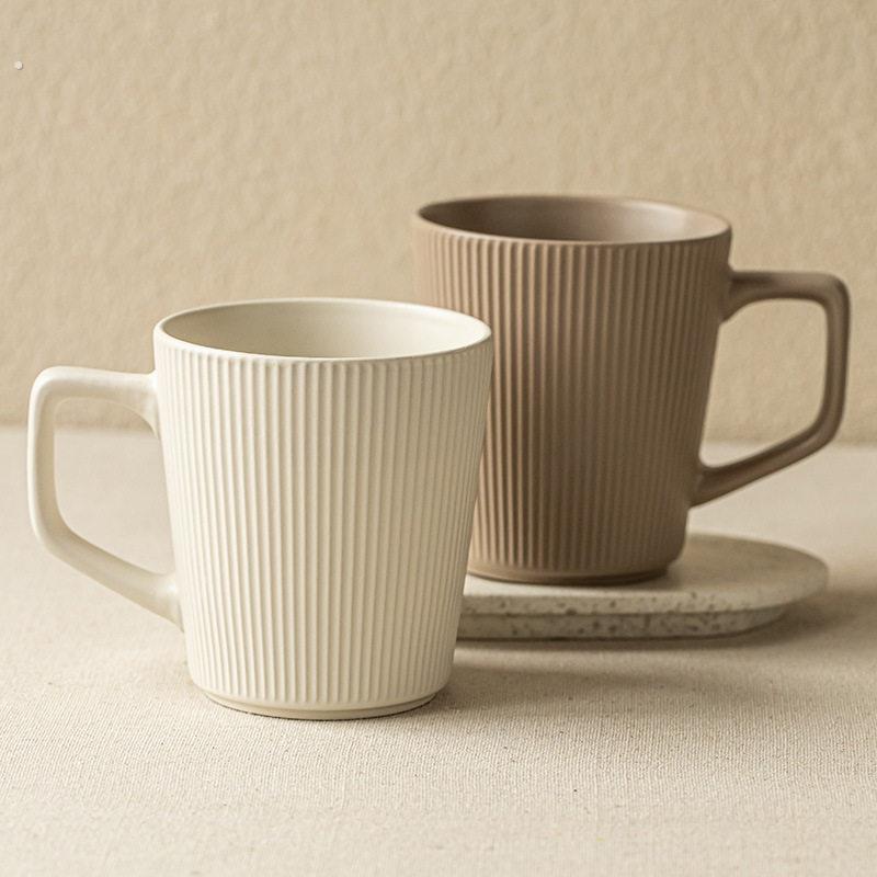 简约风竖纹陶瓷水杯高颜值家用大容量马克杯情侣对杯办公室用