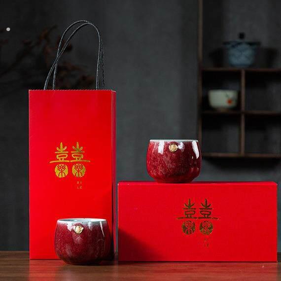 新婚喜庆礼品情侣杯陶瓷功夫茶杯窑变日式红釉浮雕茶杯简单礼盒装