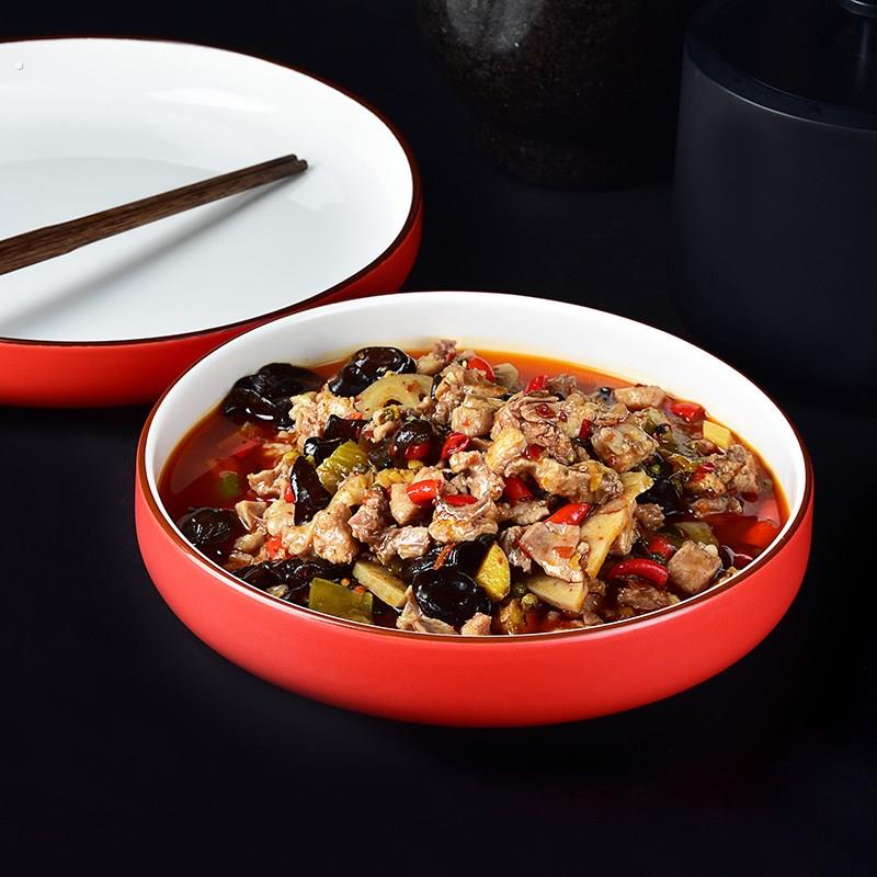 中式哑光红色陶瓷圆形汤盘家用红烧菜碗饭店热菜盘12英寸深口汤碗