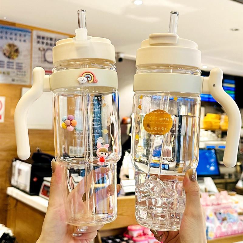 高颜值水杯2025新款女大容量吸管杯玻璃杯带把手耐高温冰霸杯子图片