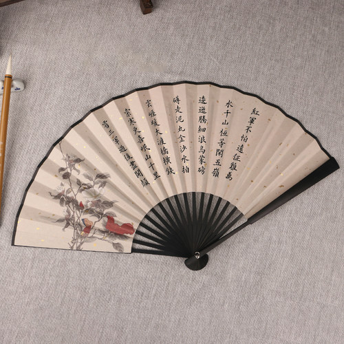 中国风复古花鸟折扇古风素雅彩印艺术微喷宣纸扇面宜小楷书法扇子