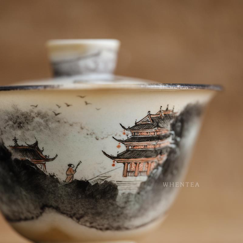 闻说景德镇市烟云水墨风柴烧手绘盖碗 纯手工功夫茶具陶瓷茶碗