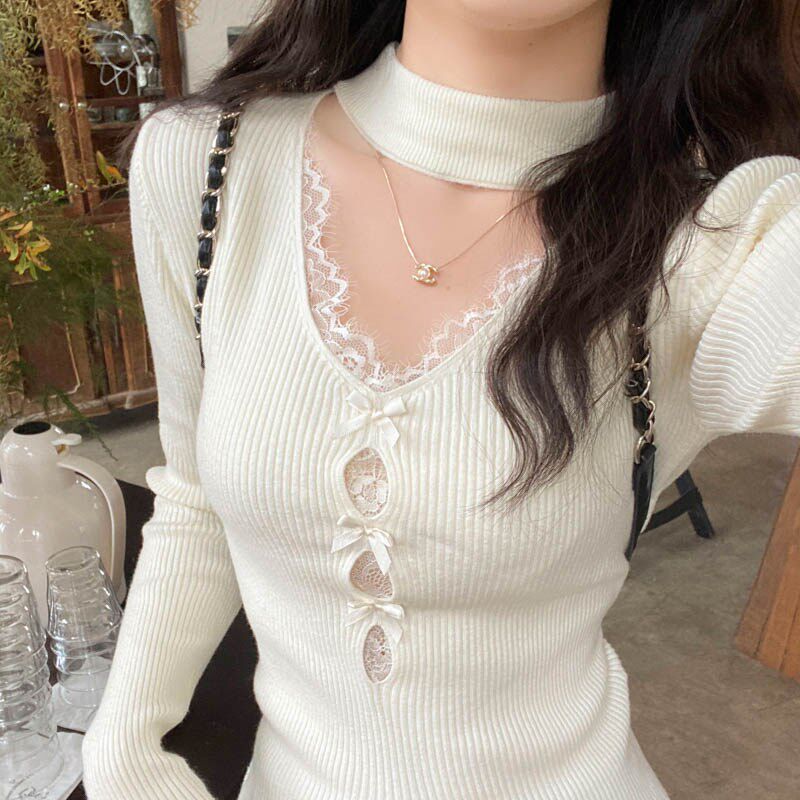 蓝色蕾丝V领针织打底衫女秋冬2025新款挂脖毛衣内搭修身镂空上衣