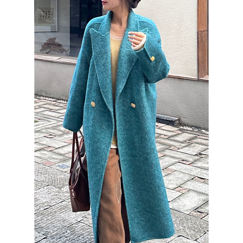 蓝海传说双面呢手工羊毛大衣女装秋冬2023新款蓝色中长版毛呢外套