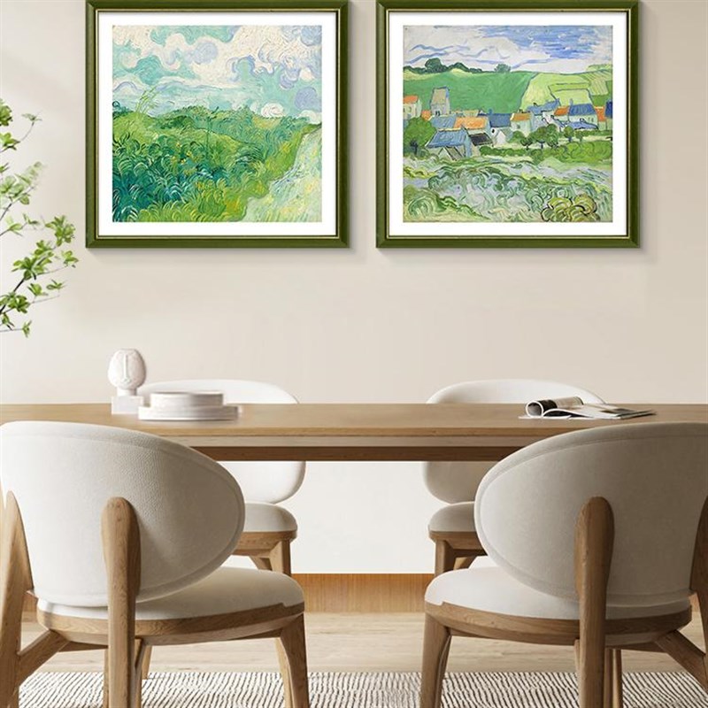莫奈奶油风餐厅装饰画油画法式饭厅背景墙挂画高档绿色系风景壁画