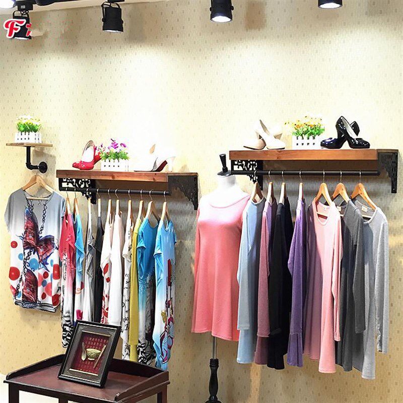 服装店上墙壁挂服装展示架实木铁艺服装挂衣架鞋包货架男女装衣架