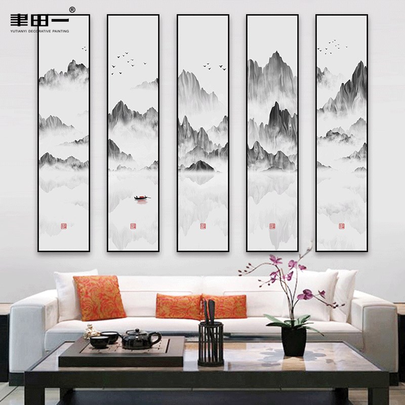 客厅新中式山水装饰画玄关展厅大幅五联挂画河山渔船书房禅意壁画