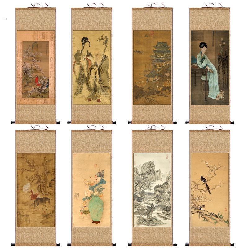 麻姑献寿白描新款图清代字画春山游骑图彷古名家人物画丝绸卷轴