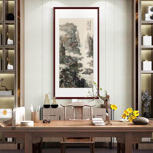 张大千山水画正对门挂画入户玄关装饰画竖版走廊过道壁画中式高档