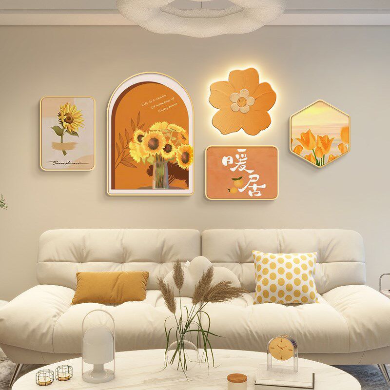 奶油风客厅装饰画小清新沙发背景墙挂画高级感创意组合壁灯画2024