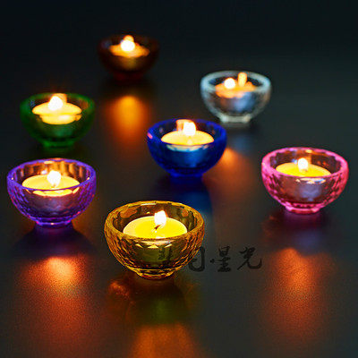 七彩琉璃水晶酥油灯座防风蜡烛底座七彩水晶烛台摆件琉璃灯座包邮