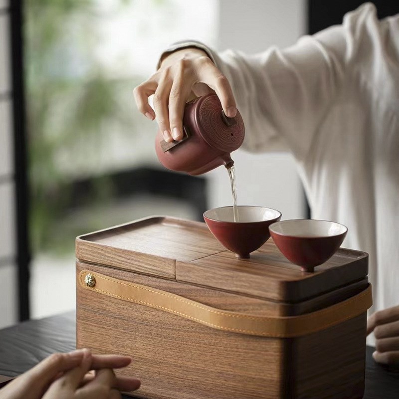 清欢丨胡桃木桌面收柜盒 便携式旅行茶具盒实木 客厅杯子储物盒