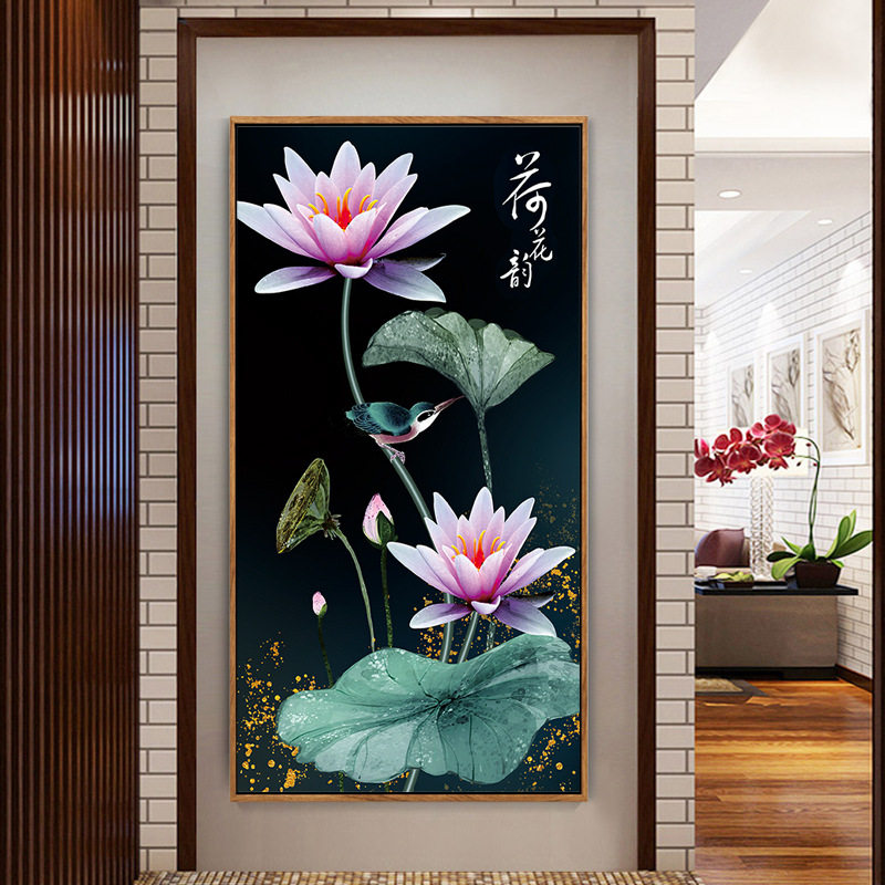 珠绣十字绣全珠子绣新荷花韵竖版玄关新款满珠绣串珠绣圆珠彩珠绣