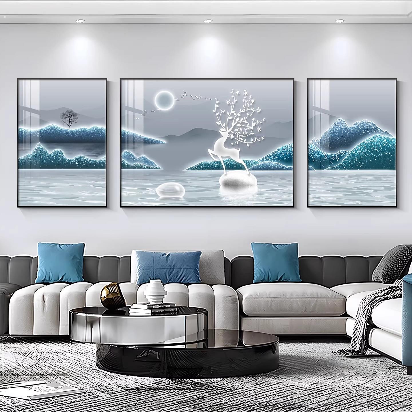 德国品质客厅装饰画轻奢高级感沙发背景墙蓝色抽象三联挂画墙壁画