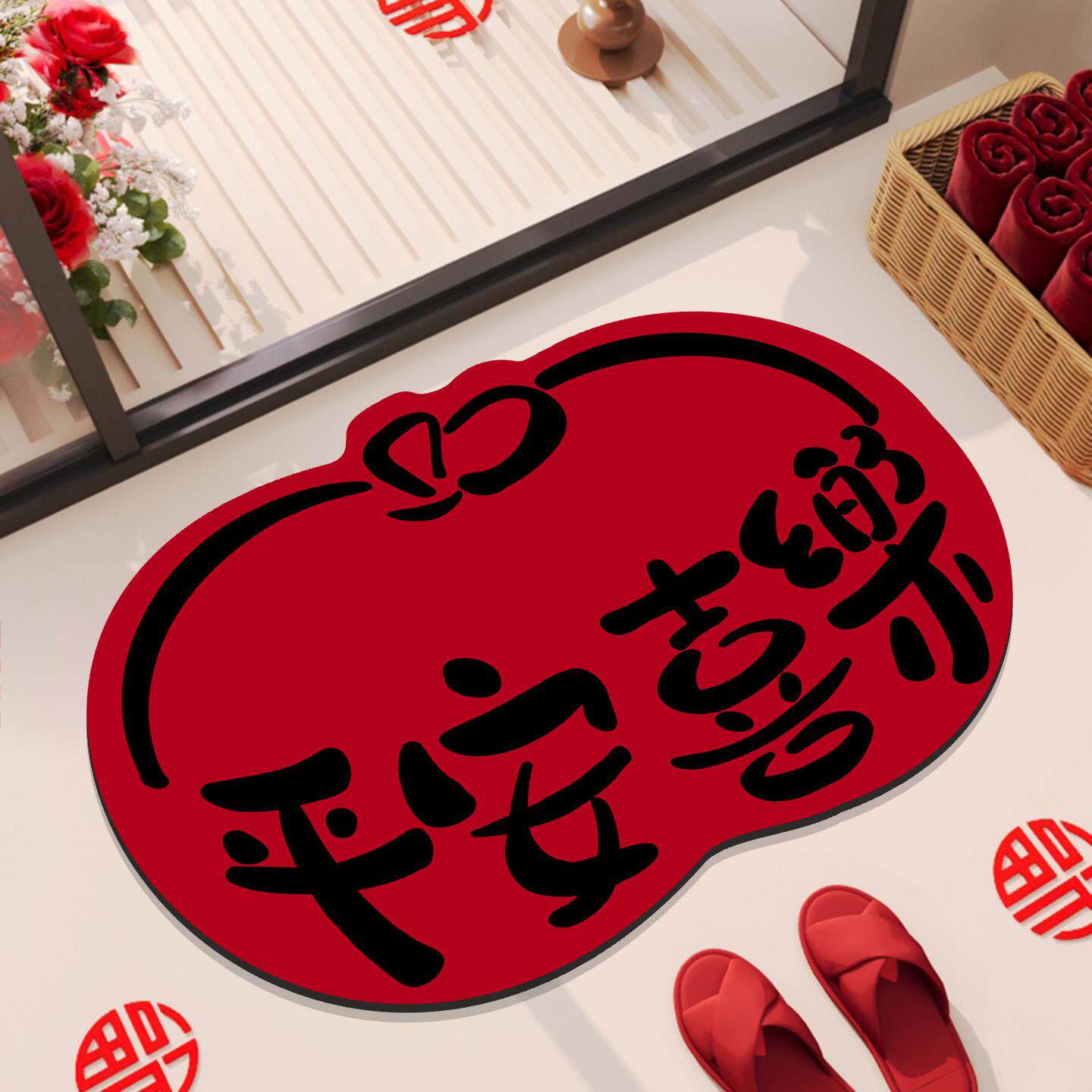 红色喜庆浴室硅藻泥洗澡吸水厕所卫生间门口脚踏垫结婚婚房布置