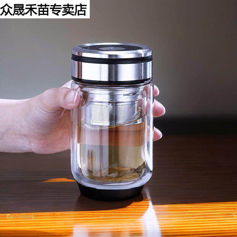 玻璃杯双层带盖子矮胖商务可携式水杯高颜值隔热透明玻璃茶杯印字