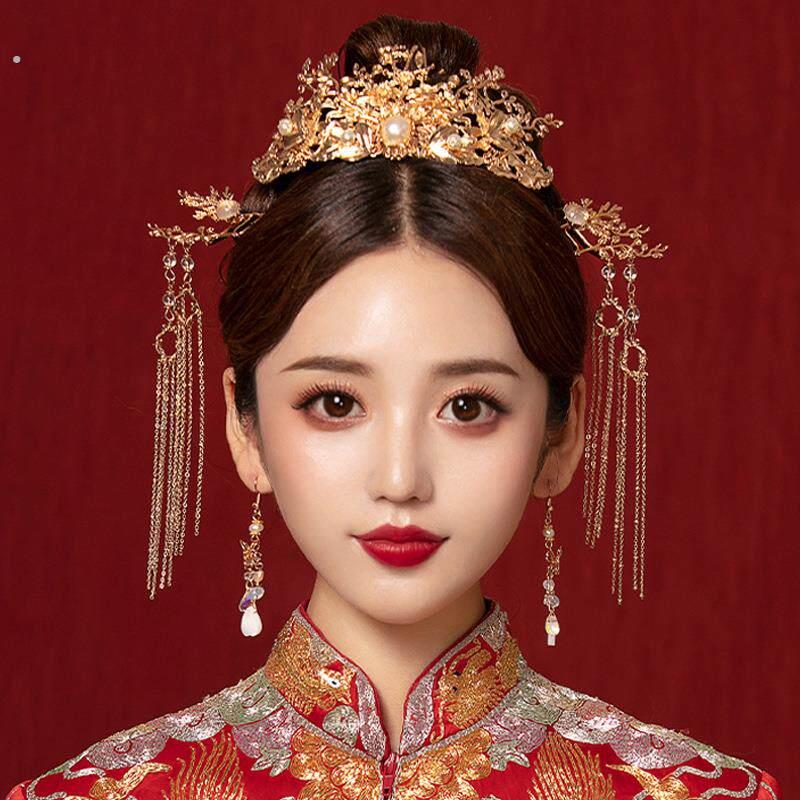 秀禾服新娘头饰中式婚礼简单大气宫廷步摇流苏结婚发饰古装凤冠女