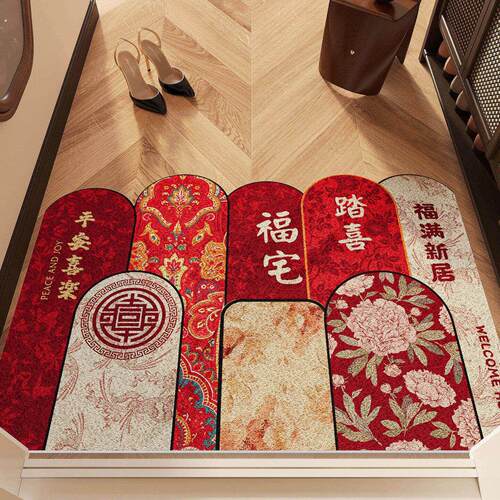 红色喜庆丝圈入户门地垫新年款玄关地毯防滑垫耐磨蹭土脚垫可裁剪