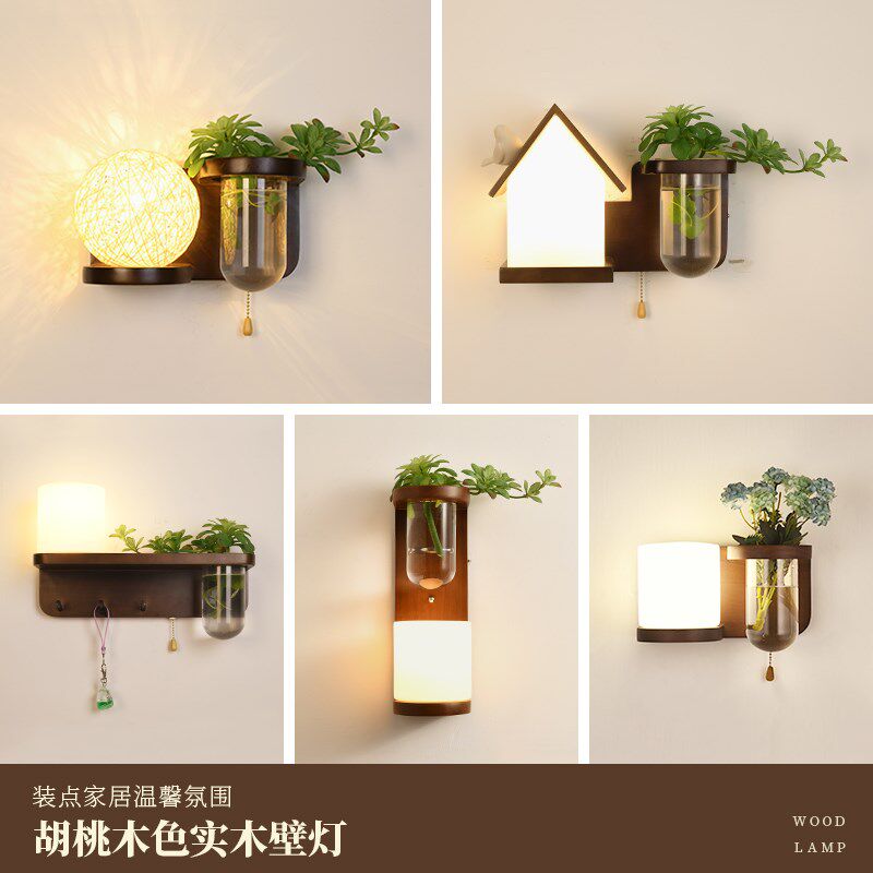 索燕中古风壁灯实木卧室床头灯创意绿植走廊过道墙灯拉线开关中式