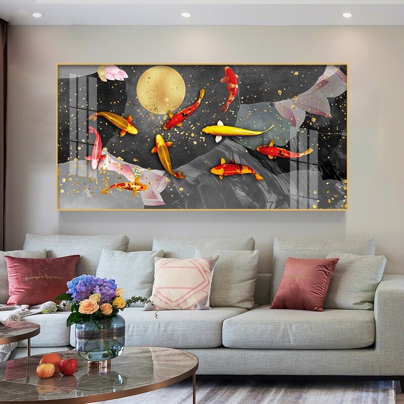 新中式客厅玄关挂画九鱼图招财聚福沙发背景墙晶瓷装饰画高档大气