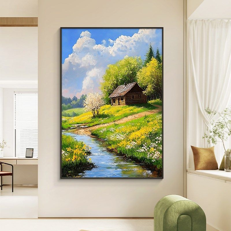 大芬村手绘油画玄关装饰画乡村田园风景客厅走廊过道挂画竖版壁画