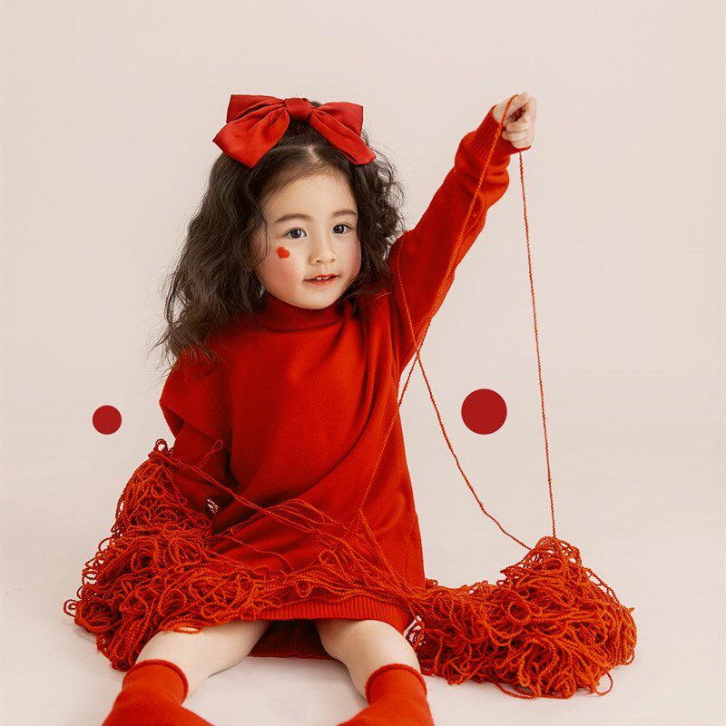 儿童摄影服装红色毛衣新年主题女童圣诞装3岁5春秋款中国风喜春