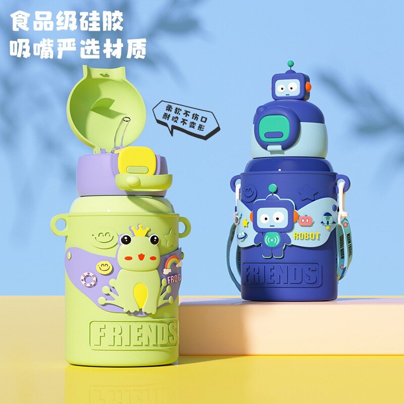 卡通公仔萌宠儿童316不锈钢底保温杯学生水杯吸管杯抱婴袋杯套直