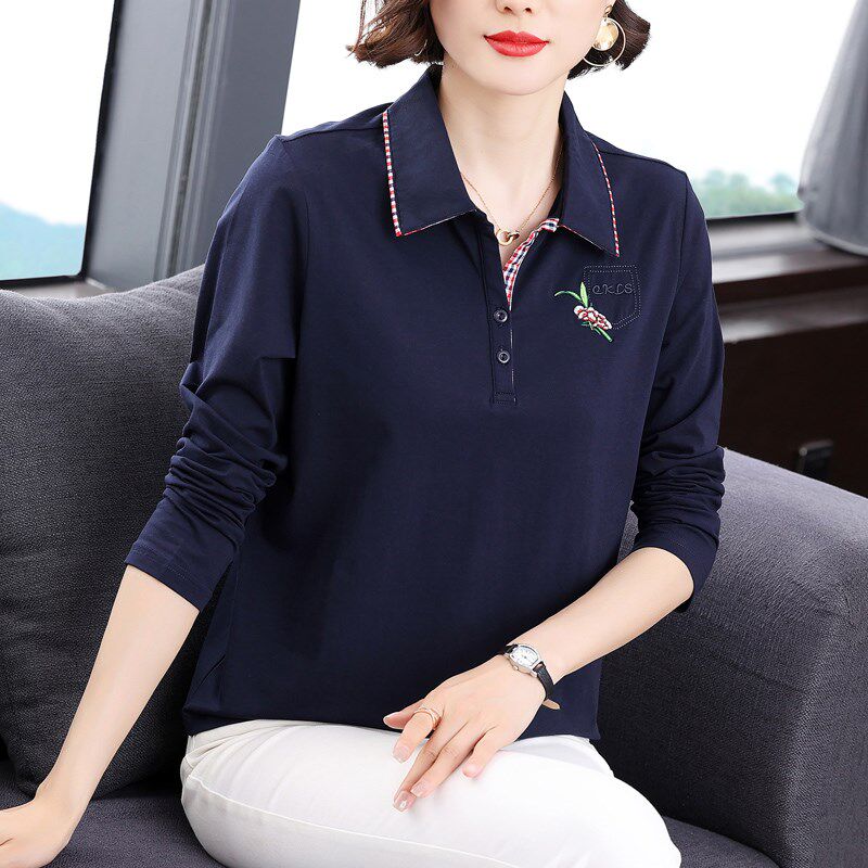 妈妈纯棉长袖t恤女2024春秋装新款中老年翻领polo上衣气质打底衫